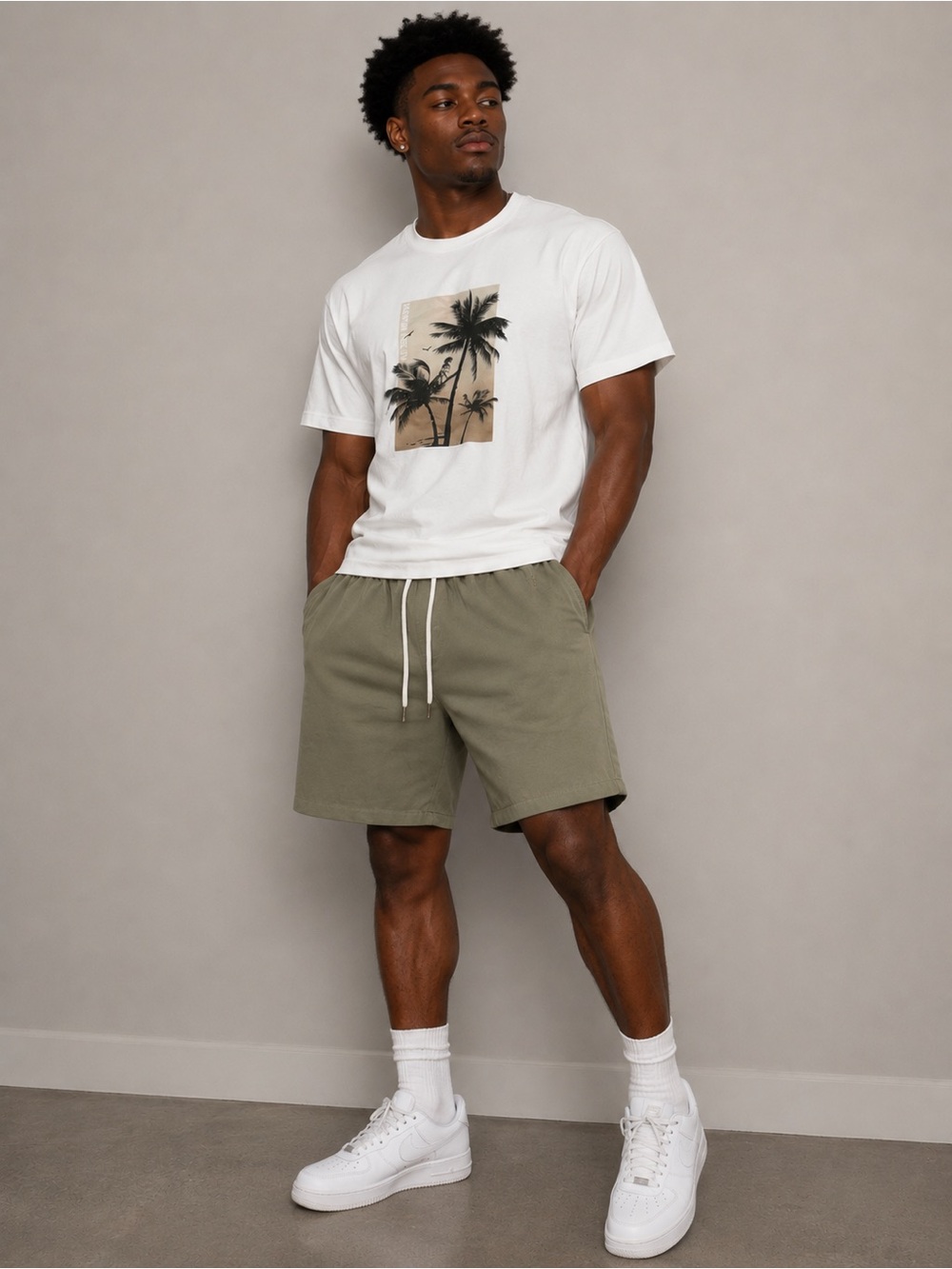 Men’s -White/Olive Palm Graphic Tee 2 Piece set